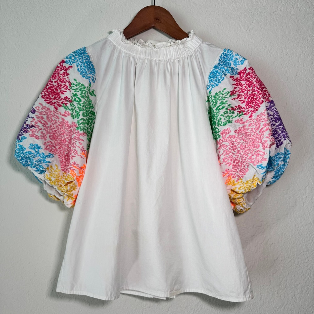 THML Womens White Cotton Colorful Embroidered Puff Sleeve Ruffle Neck Blouse - Picture 1 of 14